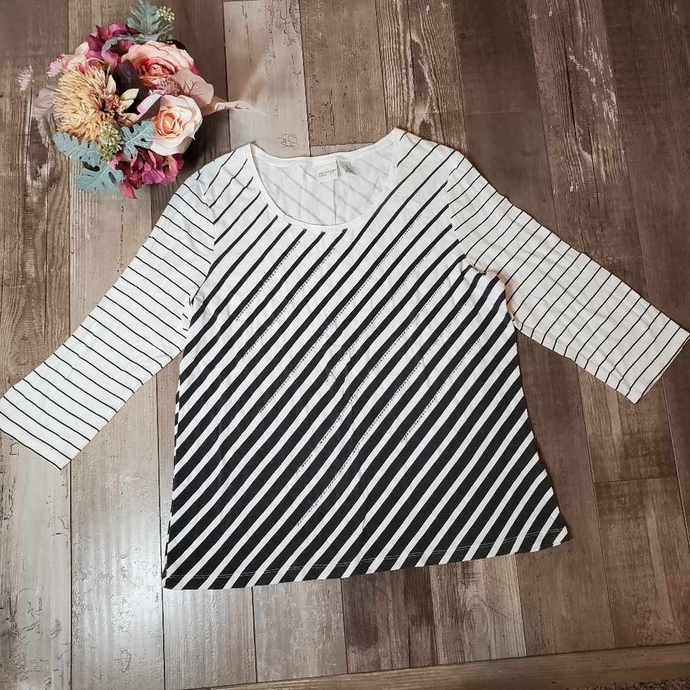 Chico's White and Black Diagonal Striped Top with Silver Rhinestones Size 2